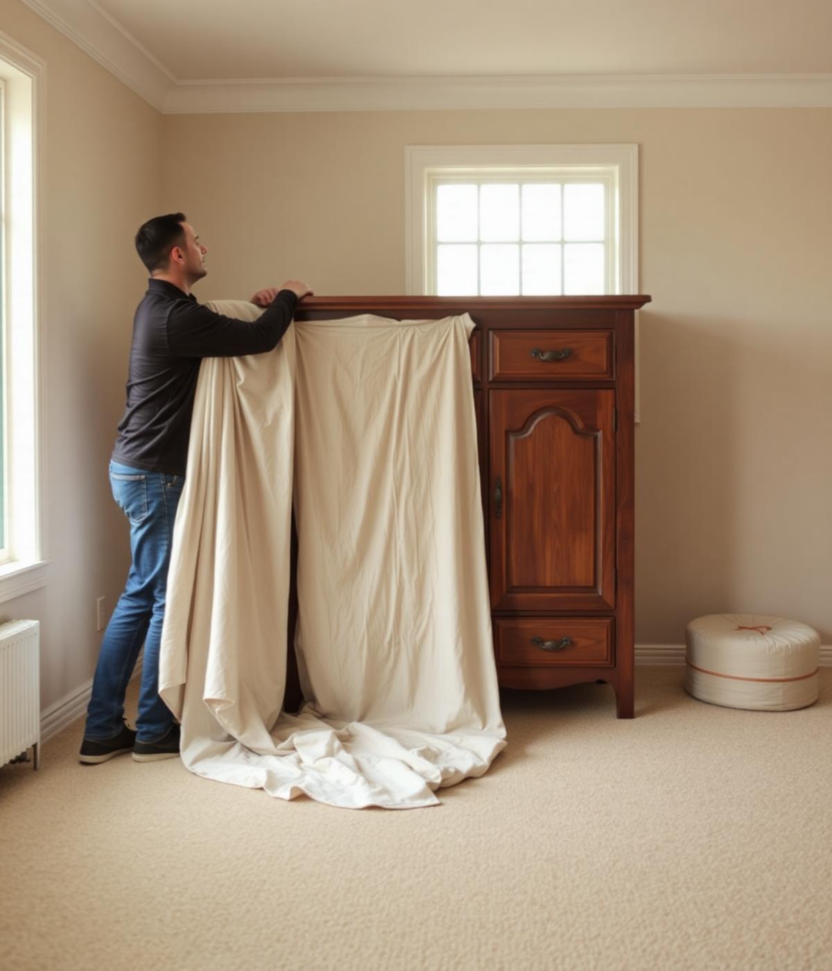 Verhuizer dekt zorgvuldig een houten kast af met een verhuisdeken