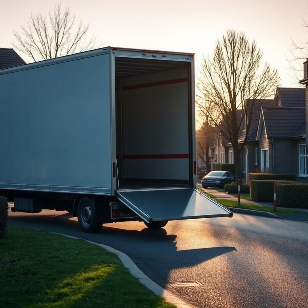 Verhuiswagen met open laadklep in een woonwijk